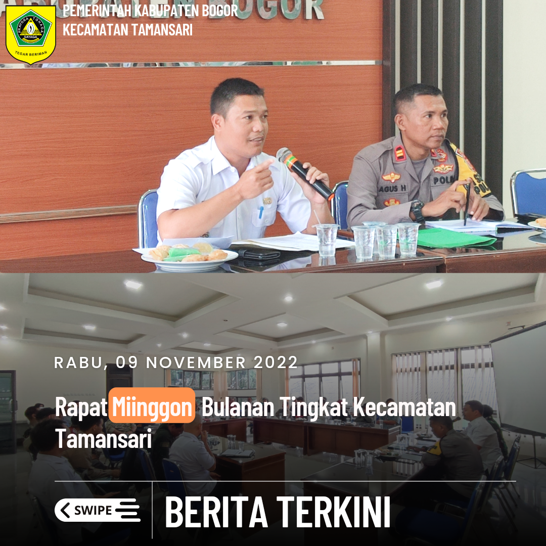 Camat Tamansari (YUDI HARTONO, S.E., S.IP) Pimpin Rapat Minggon Bulanan Tingkat Kecamatan Tamansari Bertempat di Aula Rapat Kecamatan Tamansari, Hadir Dalam Acara Rapat Minggon Antara Lain Muspika Kecamatan Tamansari dan Para Pemangku Kepentingan Lainnya.
