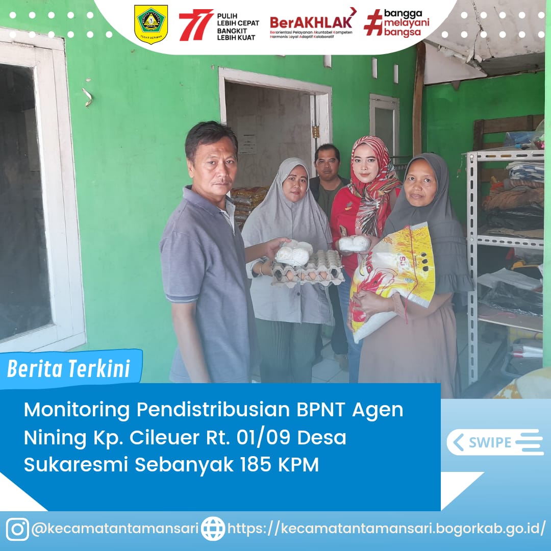 Seksi Pemberdayaan Masyarakat di Dampingi SatPol-PP Kecamatan Tamansari Beserta TKSK dan Pemerintah Desa Sukaresmi Melaksanakan Monitoring Pendistribusian BPNT Agen Nining Berlokasi di Kp. Cileuer Rt. 01/09 Desa Sukaresmi Sebanyak 185 KPM.