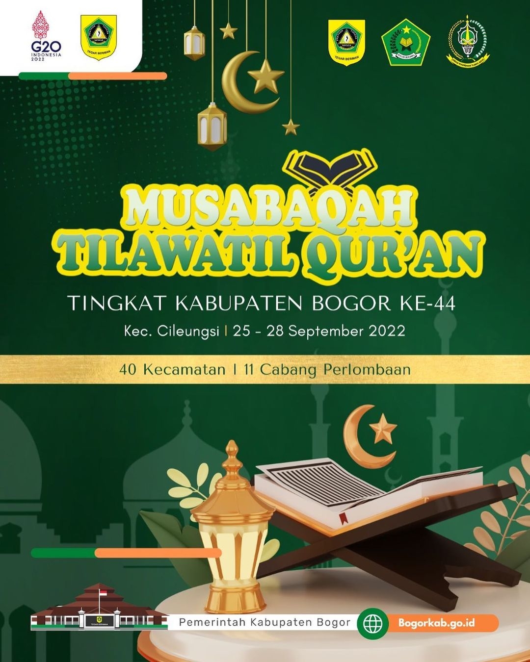 Musabaqah Tilawatil Qur'an (MTQ) Tingkat Kabupaten Bogor ke 44.  Acara akan Diselenggarakan di @kecamatancileungsi Pada Tanggal 25 - 28 September 2022..  Ayoo wargi mari dukung dan sukseskan penyelenggaraan MTQ Tingkat Kabupaten Bogor?